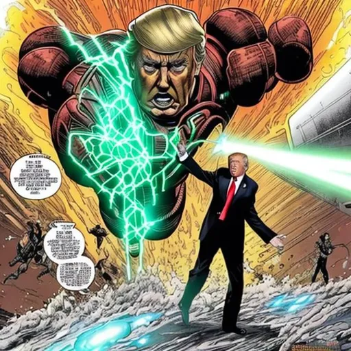 Prompt: trump in ironman suit shooting lazers 
