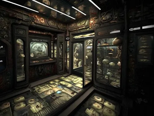 Prompt: Dark shopfront,store on the submarine with many doors,