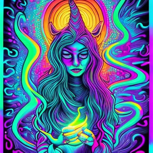 Prompt: Hypnotic illustration of {attractive witch}, hypnotic psychedelic art by Dan Mumford and Lisa Frank, pop surrealism, dark glow neon paint, mystical, Behance