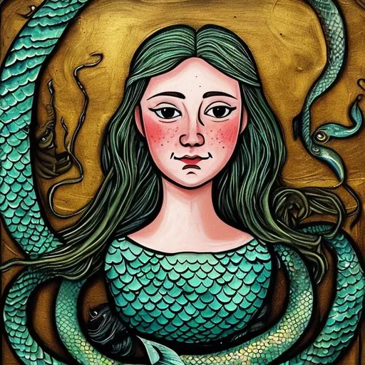 Prompt: Mermaid with an eel. Portrait, painting. Medieval style