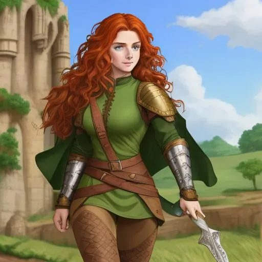 Prompt: A female medieval adventurer with auburn wavy hair, tan skin, freckles and green eyes, wearing a tunic, leggings and boots in a fantasy setting.