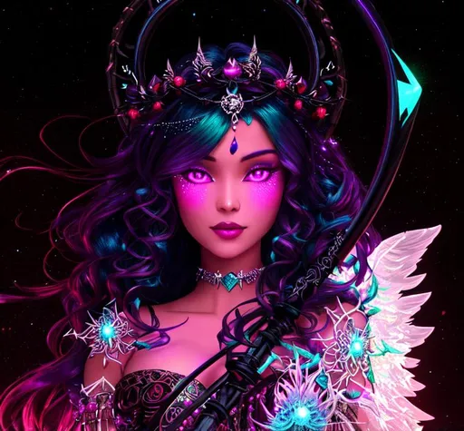 Prompt: Neon teal hair  with fire highlights, dark skin, ringlets and flowy, demon spider, goddess mage with demonic wings  and hyper detailed scythe, and modest crown of thorns with a lot of diamonds, perfect composition, hyperrealistic, super detailed, 8k, high quality,  sparkling clothes full of ornaments, midnight blue particles, soft red misty color, sadistic smile, inside a bird fancy cage, armored, full accessories, full body, hands posed, 
, highly detailed, near face, cascading lighting, , 8K, digital art, unreal engine 5