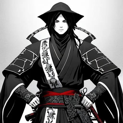 Prompt: Demon Slayer art style, A highly realistic and extremely detailed face full body portrait. Holding a weapon in both hands.Wearing a black cloak over a his vagabond samurai kimono that he wears under and also wearing an intricate patterned bandana on his head and wearing a Cotton Shemagh Tactical Desert Scarf Wrapped on his neck. The character should be modeled after an fantastical Ronin young prince with handsome long, messy, and wavy silvery black hair, thin arched eyebrows, and striking rinnegan eyes. An 18 year old stripling elf male character from Warcraft. The artwork should be created in either 4K or 16K resolution and should be of photo realistic quality."
((Width: 512)), ((Height: 627)))