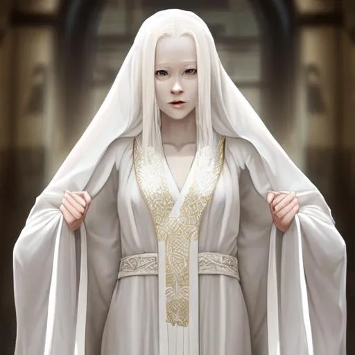 beautiful thin female albino healer in robes | OpenArt