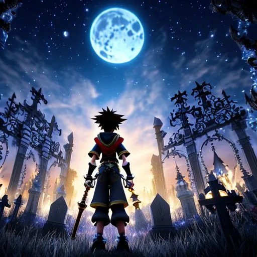 Prompt: A masterpiece, close-up shot of Sora from Kingdom Hearts videogame, stands in the graveyard in Nightmare Before Christmas background, his arms outstretched. The sky is a deep dark, and the clouds are a light withe with Full moon Skelington Face. There is a graffiti mural in the background, written in Keith Haring's signature style. Sora is smiling and his eyes are wide with excitement, spooky, halloween, scary, fantasy, mystical, mist, scary, fantasy, featured on artstation, 8k
