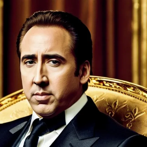 Prompt: Nicolas cage face nick cage national treasure on throne made of gold masterpiece best quality wearing a black luxury suit on throne of gold Rich Nicholas cage  with stubble