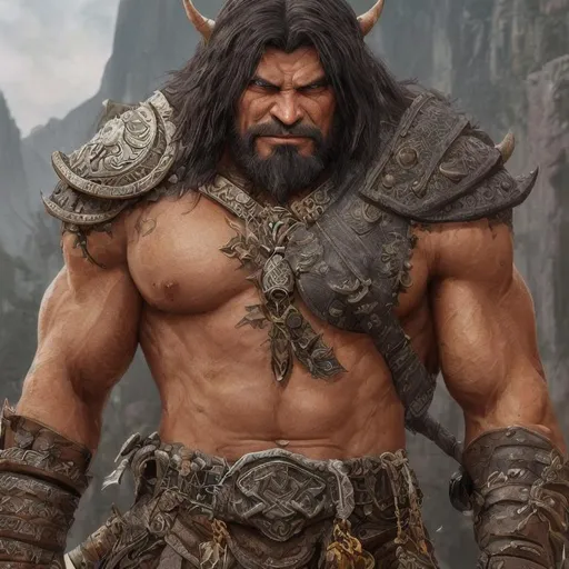 Prompt: hyperrealistic warrior barbarian male orc, with fit thick great figure muscular. tribal tattoos | six-pack abs, natural black hair | small imperfections on the face, 40 years old | braded beard | sharp focus, ultra-fine details, cinematic lighting, 4k | wlop, artgerm, vastly ornate detailed background, vibrant colors, Frank Frazetta, low angle shot