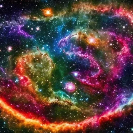 Prompt: Space galaxy colliding galaxy turning into beautiful rainbow galaxy many stars very tiny nebulaes