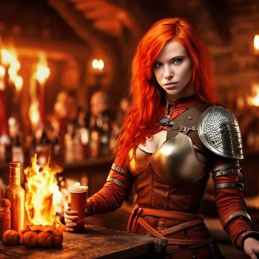 Prompt: a female fire mage with red hair is at the bar in a medieval tavern