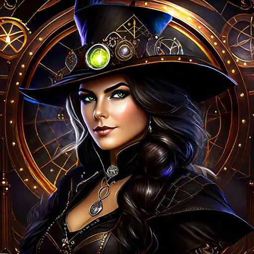 Prompt: Craft a high-quality, professional portrait of a young woman, depicted as a witch in a Steampunk world, with realistic lighting effects.

The subject, central to the frame, should exude a mix of mystic allure and steampunk grit. Her eyes, capturing every detail, should convey an intensity fitting of her witchy persona, while her attire and accessories combine traditional witch iconography with steampunk elements—cogs, gears, goggles, and intricate brass jewelry. The light should highlight her face's unique features and the intricate detailing of her outfit.

She should hold a steampunk-inspired magic device or artifact, casting a spell, and the light emitted by this action should produce a dynamic, realistic lighting effect. The glow from the device should reflect off her face and eyes, revealing a spectrum of colors and adding depth to the image.

The background should immerse us in a Steampunk world - a blend of Victorian architecture, mechanical gears, steam-powered machines, and cog-filled landscapes. Every brick, gear, and puff of steam should be finely detailed, contributing to a richly textured and layered scene.

The photograph should harness the realistic interplay of light and shadow across the scene, from the luminescent magic illuminating the sorceress's face, to the softer, ambient lighting of the steampunk cityscape.

The final image should encapsulate the enchanting fusion of a witch's mystic charm with the mechanical wonder of a Steampunk world, creating a narrative-rich portrait filled with imagination and detail.
