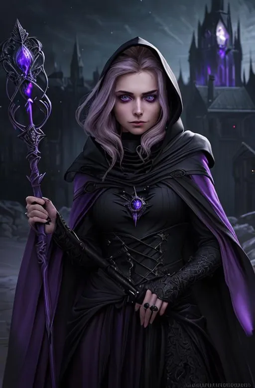 Prompt: A Portrait, a beautiful young European woman with piercing purple eyes, runny makeup and a worried look on her face, wearing a dark cloak and a cowl that mostly covers her features, holds a magic staff in her right hand, the staff has a shining jewel on top of it. Portrait waist down. At night. Sinister cosmic lights in the background. Highly detailed.
