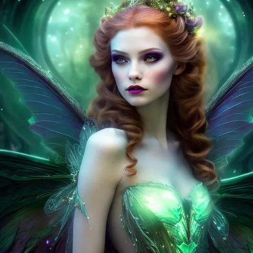 Prompt: HD, 4K, 3D, Stunning, magic, cinematic gothic fairy, ethereal green wings, fairy queen, style of Jasmine-Beckett-Griffith, light contrast, long, curly redhead hair, lovely, romantic, tender, purple light, sunstrails, perfect female beauty, intricate, pale traslucent skin, magic, rich black dress, ethereal, goldn ratio, look in camera, gorgeous body, gorgeous eyes