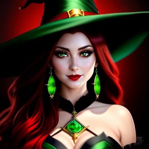 Prompt: A hyper realistic detailed full body image of a hunched feminine ((sexy woman)) who has ((poisonous green eyes)), ((blood red hair)) with ((sexy witch outfit)) with a plunging neckline, witch hat,  half-moon earrings, balayage wild hair, grim smiling face expression, highly detailed, digital painting, Trending on artstation, HD quality, ((huge breast)), ((sexy))