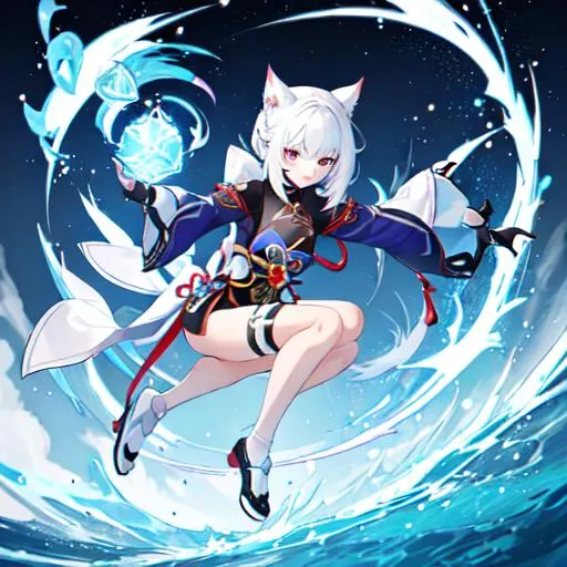 Prompt: Genshin impact, cat girl with white hair and ice powers