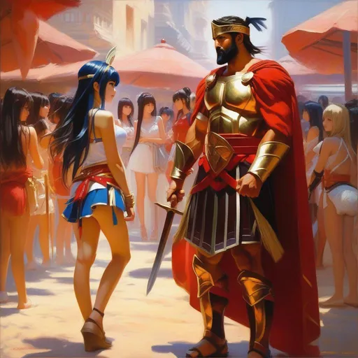 Prompt: King Leonidas meets anime girls, anime style, extremely detailed painting by Greg Rutkowski and by Henry Justice Ford and by Steve Henderson 