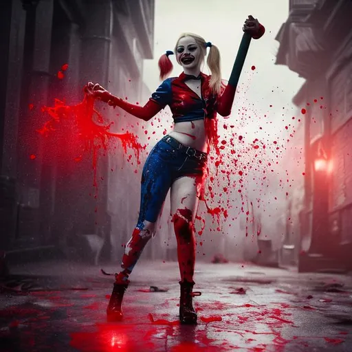 Prompt: Harley Quinn dancing and smiling in blood rain with her baseball bat,64k, cinematic, realistic, vivid, UHD, Halloween Theme, soft grade, sharp, spooky
