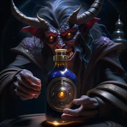 Prompt: An ancient demon held out a round bottle which contained the universe, detailed scene, digital painting, hyperrealistic, fantasy, Surrealist, by Brian Froud and Stanley Artgrem Lau, artstation, highly detailed, sharp focus, wide angle shot, sci-fi, stunningly beautiful, dystopian, cinematic lighting, dark