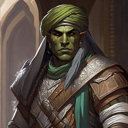 Prompt: A male orc warrior in leather armor and arab garments. A white turban and indian garments. Rpg art, Magic the gathering art, d&d art. Detailed, well draw face. Rpg art, d&d art. 2d. 2d art.