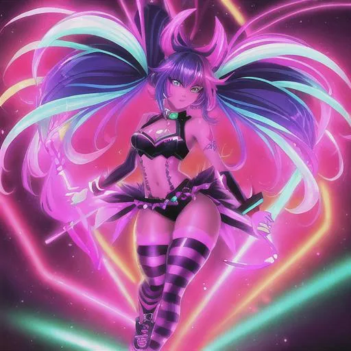 Prompt: Full body neon colorful Demon girl with dark skin and colorful neon makeup with purple and neon red Afro hair wearing punk style colorful neon clothing holding two neon blades in a neon urban themed city