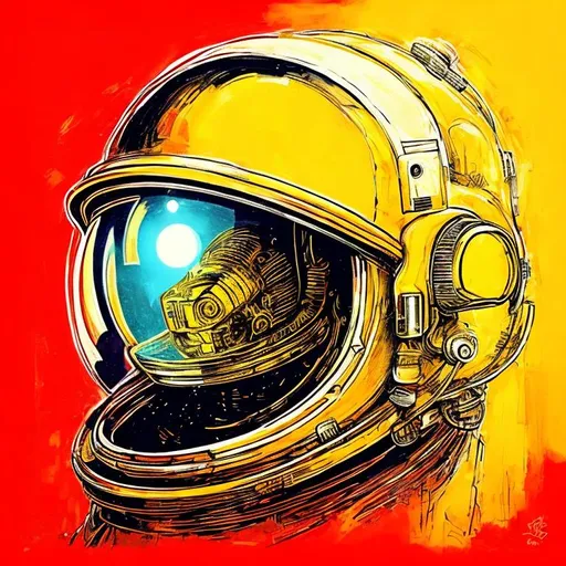 Prompt: .!? Yellow, in a astronaut's head Red size square 3000*3000, title of the song "In my head" artist "Oly K-Ren" 