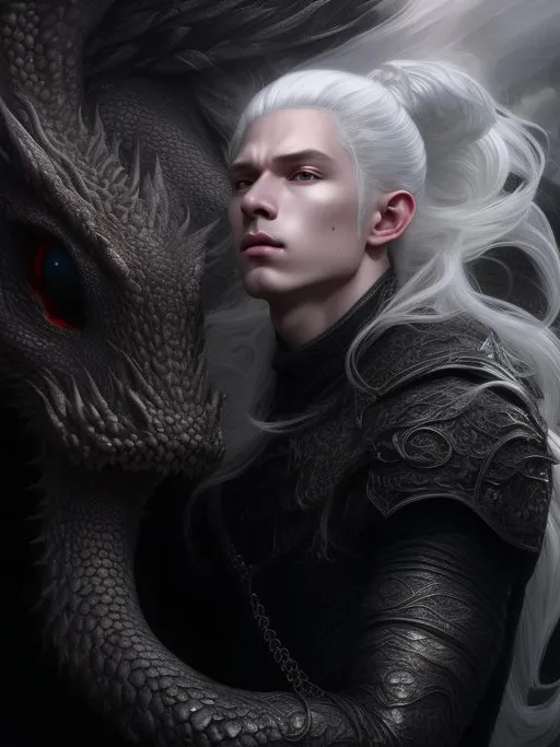 Prompt: white dragon King,young man, beautiful guy with long white platinum hair,  pale skin, black opalescent dragon armor, masculine, hyper realistic, high detail, high contrast, beautiful, volumetric lighting, fantasy, elegant, 16k, realism, art by greg rutkowski, art by tom bagshaw, beautiful painting by daniel f gerhartz