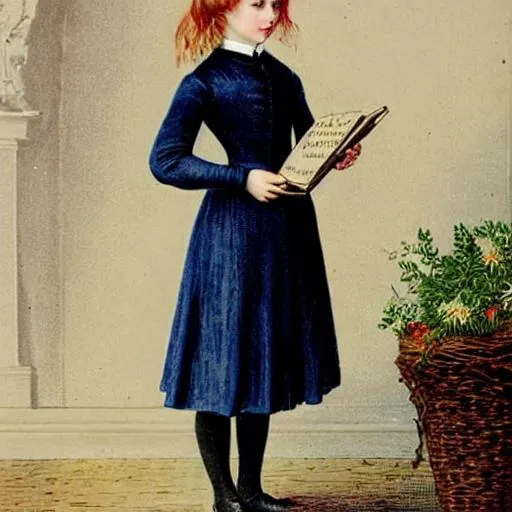 Prompt: portrait of a beautiful Victorian girl with red hair and dark blue eyes wearing a dark blue school uniform. Reading a book