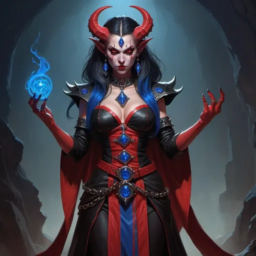 Prompt: dungeons and dragons red demonic demon priestess in a black outfit with blue trim