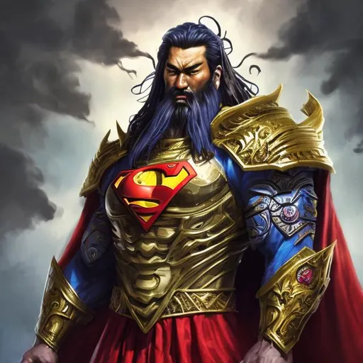 Prompt: Realistic fantasy illustration of a hybrid superhero character, Guan Yu and Superman, letter G in the chest, vibrant colors, intense facial expression, detailed armor and cape, high-res, vibrant, detailed facial expression, fantasy, superhero, vibrant colors, detailed armor, intense gaze, advertisement-worthy, realistic, fantasy style, detailed illustration, professional, vibrant lighting