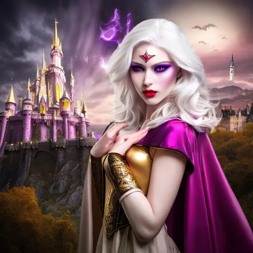 Prompt: professional modeling photo live action human woman hd hyper realistic beautiful evil woman white hair pale skin purple eyes red lips beautiful face light purple dress with cape and gold crown evil magic castle landscape hd background with live action poison apple magic mirror