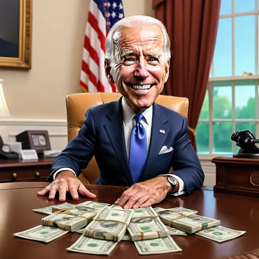 Prompt: A little person, Looney Toons style, photo, photorealistic, Joe Biden, sneaky, grinning, counting tons of cash money, oval office setting, comical expressions, exaggerated features, detailed surroundings, high quality, humorous, funny, vibrant colors, dynamic lighting, theatrical lighting, high quality, detailed, professional, animated shading, cartoon realism, detailed expression,