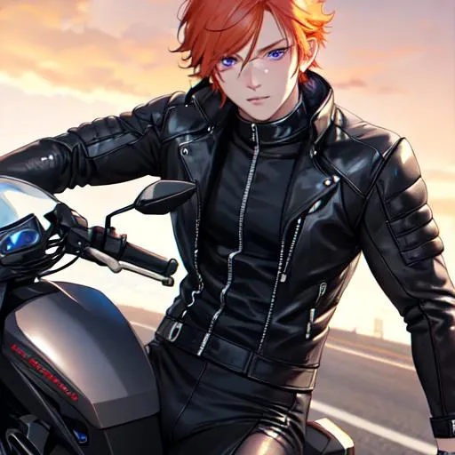 Prompt: Erikku male (short ginger hair, freckles, right eye blue left eye purple) muscular, riding a motorcycle. UHD, 8K, Highly detailed, wearing biker gear, driving on the freeway, close up