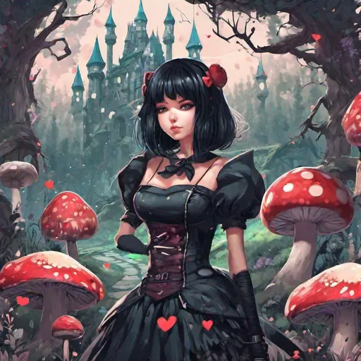 Prompt: ANIME GIRL, Alice in wonderland, black hair, cyber punk dress style, with large wand with heart shaped top, fantasy forest with giant mushrooms and a distant castle with spade shaped tower tops