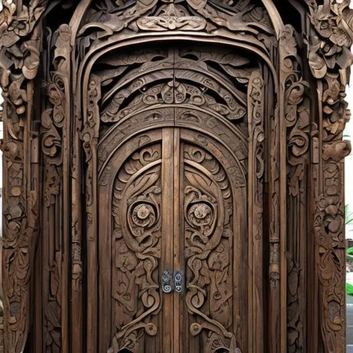 Prompt: Art nouveau, wooden Bali holy entrance temple door, hyper realistic,wabi sabi