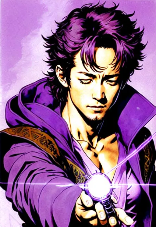 Prompt: (((Yoji Shinkawa))), sticker of ultra detailed portrait of Luke Perry with eyes closed, in purple mage robe. high quality cell shaded illustration in fantasy apocalyptic style by Yoji Shinkawa, ((full body)), dynamic pose, perfect anatomy, castle setting, magician, eyes close, centered, freedom, soul, purple short hair, approach to perfection, cell shading, 4k , cinematic dramatic atmosphere, watercolor painting, global illumination, detailed and intricate environment, artstation, concept art, fluid and sharp focus, volumetric lighting, cinematic lighting, Art by Yoji Shinkawa,