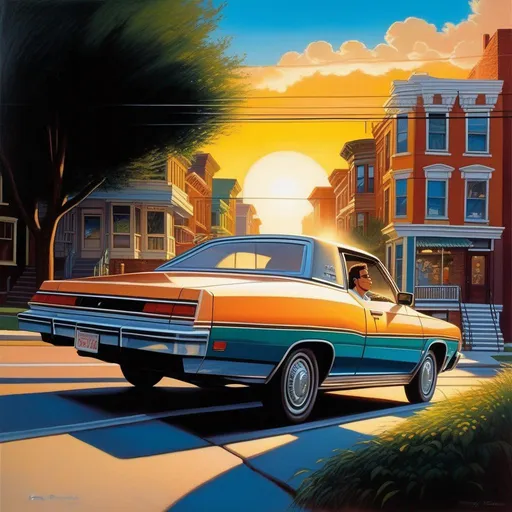 Prompt: 1980s, Cincinnati, car chase, sunny weather, warm atmosphere, cartoony style, extremely detailed painting by Greg Rutkowski and by Henry Justice Ford and by Steve Henderson