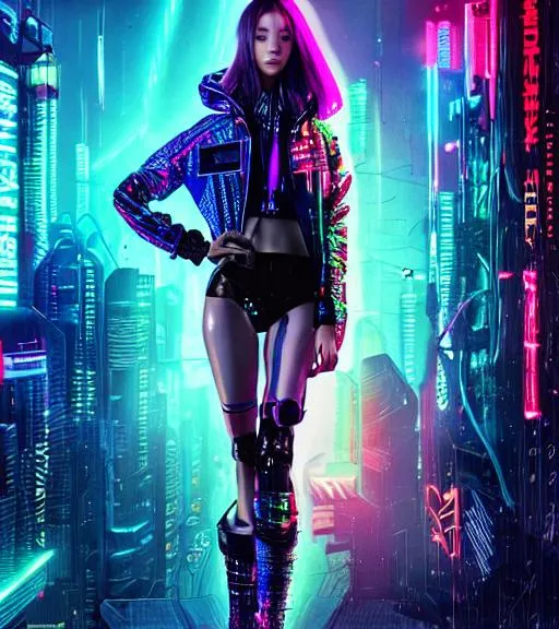 Prompt: cyberpunk, girl neon, blue hair, hyper realistic, high details, full body, tall girl, face beautifull, Cyberpunk art, Joi from Blade Runner 2049, front, wearing seethrough rain coat and bikini underneath, holographic accessories, Ana De Armas, epic Instagram, artstation, hyperdetailed intricately detailed , unreal engine, intricate detail, splash screen, complementary colors, fantasy concept art, 8k, deviantart masterpiece, oil painting, heavy strokes, splash arts, dim lighting