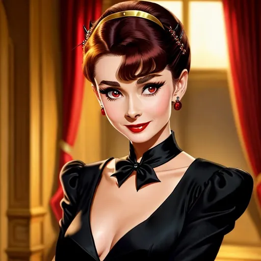 Prompt: Audrey Hepburn as a Female Tremere vampire, Clan Tremere, vampire the masquerade, she looks like a 1950s house wife, small chest, narrow waist, bloodthirsty grin like Alucard from Hellsing, multicolored black and blonde 1950's pixie hair, wearing a 1950's housewife outfit, detailed symmetrical face, hetero-chromatic eyes red and blue, detailed eyes, attractive face, full body portrait, well lit by street lights,  she is looking down at the viewer, real skin textures, detailed, big eyes, night time style background