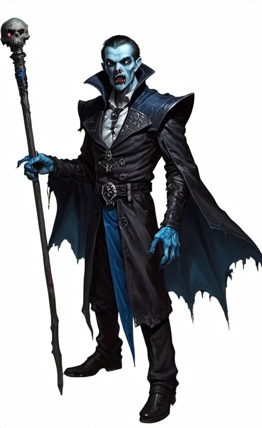 Prompt: dungeons and dragons vampire-zombie, missing a nose, standing, in black with blue trim, with a staff