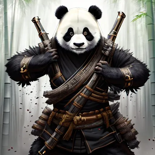 Prompt: Panda dressed in ninja clothes, Flintlock, Panda body, Roaring, dramatic lighting, 8k, portrait,realistic, fine details, photorealism, cinematic ,intricate details, cinematic lighting, photo realistic 8k in forest bamboo