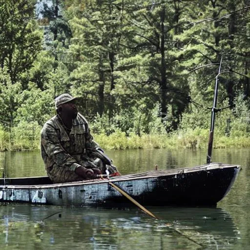 Prompt: a black man dressed in army camouflage with a large hat is in the middle of the lake surrounded by trees on a John boat that has been painted blue with several fishing pole lines in the water