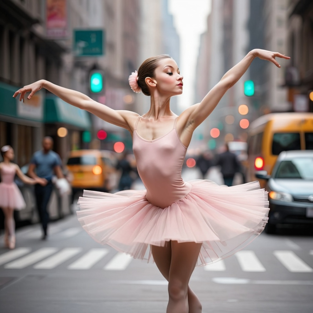 A ballerina dancing in a busy city