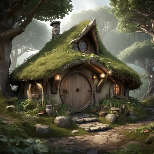 Prompt: Weathered, fantasy RPG style hobbit hut in forest, high res, after rain, detailed structure, detailed foliage, various trees, high quality, detailed, RPG, fantasy, weathered, atmospheric lighting, dense foliage, diverse trees, rustic, natural tones