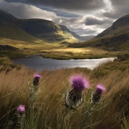 Prompt: Scottish highlands, Glen, Lochs, Epic lighting, Long grass, Thistle, Realistic