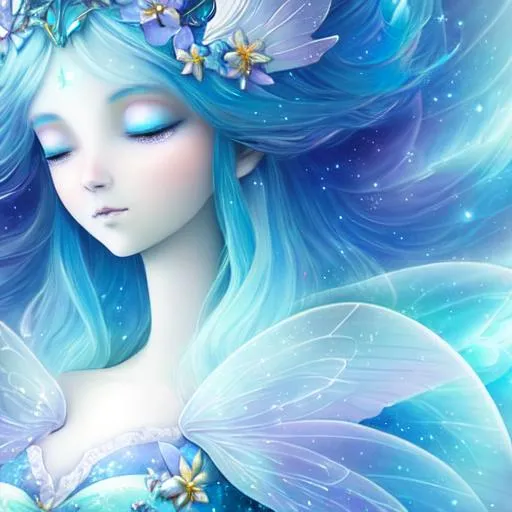 Prompt: fairy goddess of the cosmos, ethereal,dreamscape, pale blue colors, closeup