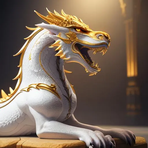 Prompt: White marble dragon with golden marking and canine like features, 8k, high quality, trending art, sharp focus, studio photo, intricate details, highly detailed, vintage, octane render, ray traced lighting and reflections