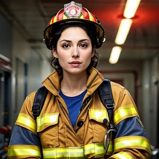 Prompt: Joanne Kelly as super hot firefighter open unbuttoned