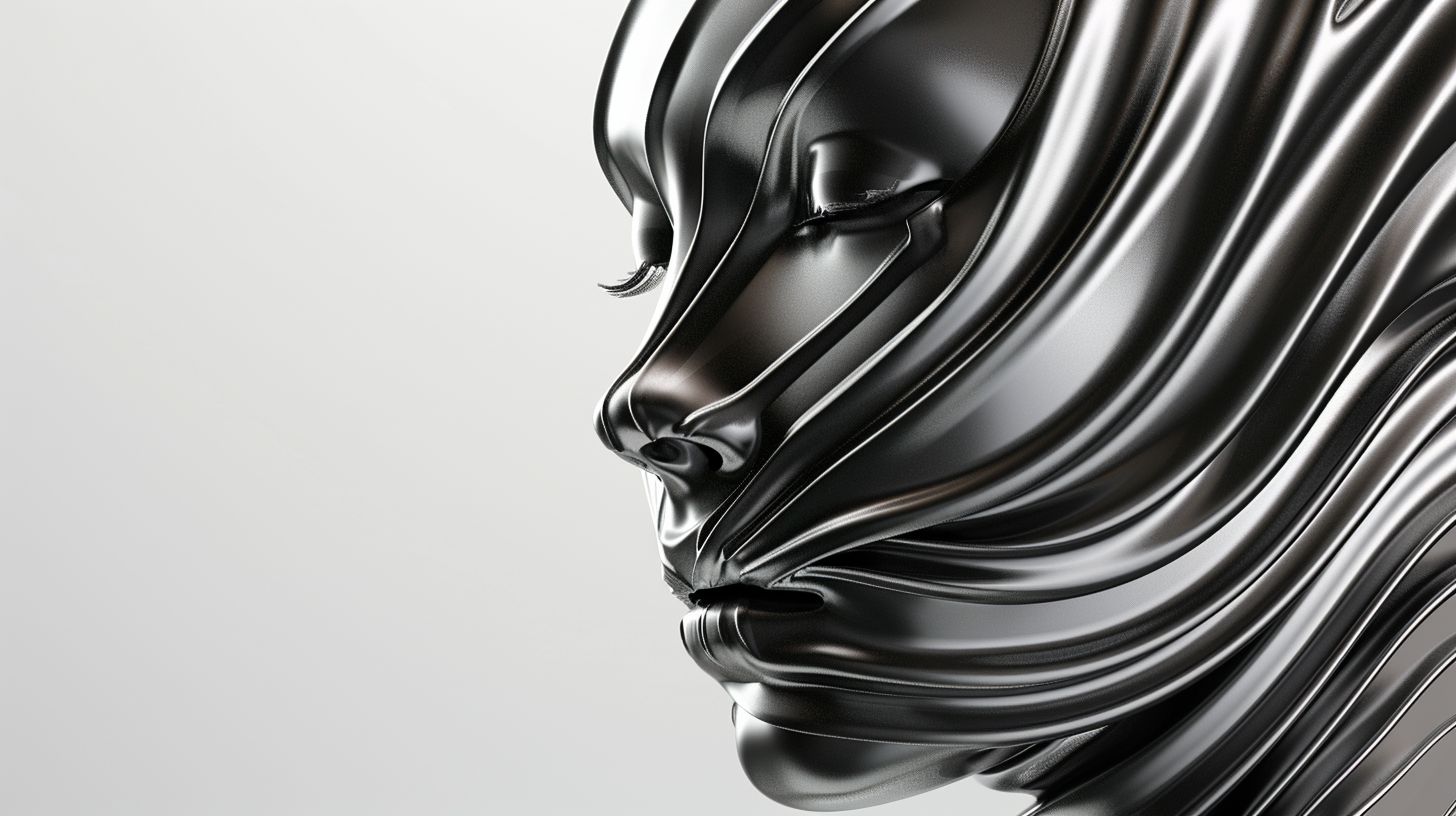 Prompt: Close-up of a female head with flowing, striped hair, rendered in the style of abstraction-création. The hair is made of smooth, liquid metal, reminiscent of the works of Zaha Hadid. Render in stunning 8k 3D detail, with a focus on the figura serpentinata form.