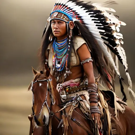 Prompt: very tired, beautiful warrior  female native american princess in full headdress on a paint colored horse horse 