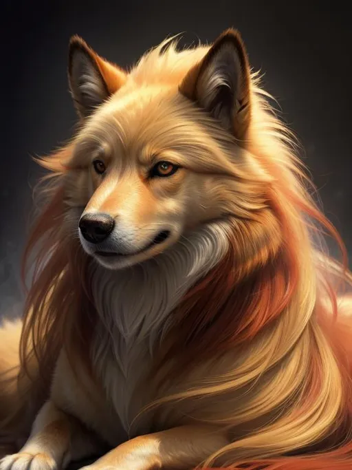 Prompt: 8k, 3D, UHD, masterpiece, oil painting, best quality, artstation, hyper realistic, photograph, perfect composition, zoomed out view of character, 8k eyes, Portrait of a (beautiful Ninetales), {canine quadruped}, thick glistening deep gold fur, deep sinister (crimson eyes), ageless, lives a thousand years, epic anime portrait, vindictive, angry, growling, vengeful, wearing a beautiful (silky scarlet and gold scarf), thick white mane with fluffy golden crest, golden magic fur lighlights, studio lighting, animated, sharp focus, intricately detailed fur, graceful, regal, cinematic, possesses fire element, blizzard, snow mountain, magnificent, sharp detailed eyes, beautifully detailed face, highly detailed starry sky with pastel pink clouds, ambient golden light, plump, perfect proportions, nine beautiful tails with pale orange tips, insanely beautiful, highly detailed mouth, symmetric, sharp focus, golden ratio, complementary colors, perfect composition, professional, unreal engine, high octane render, highly detailed mouth, Yuino Chiri, Anne Stokes