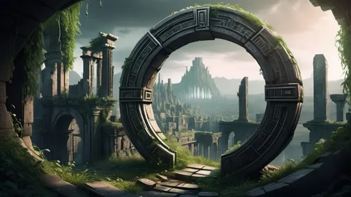 Prompt: magical portal between cities realms worlds kingdoms, circular portal, ring standing on edge, upright ring, freestanding ring, hieroglyphs on ring, broken ring, ruins, crumbling pillars, broken archways, ancient roman architecture, overgrown forest setting, panoramic view, futuristic cyberpunk tech-noir setting
